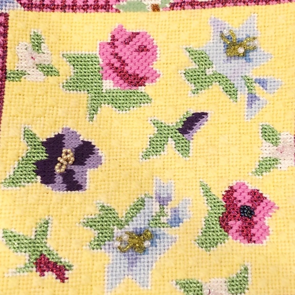 Floral Hot Pink Needlepoint Tote/Shoulder Bag with Beaded Handle, Suede Lining - Picture 6 of 11